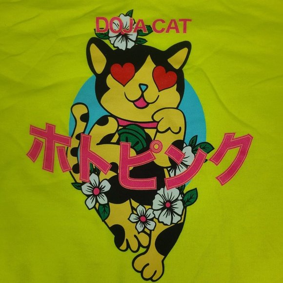 Doja Cat Cropped Graphic Pullover Sweatshirt Highlighter Yellow Women Size MNWOT - Picture 2 of 8